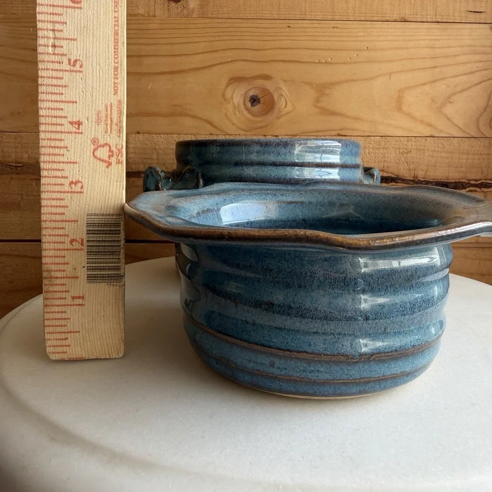 Handmade Pottery Bread Bowl Double Pot Blue Cottage Core Decor Baugnet